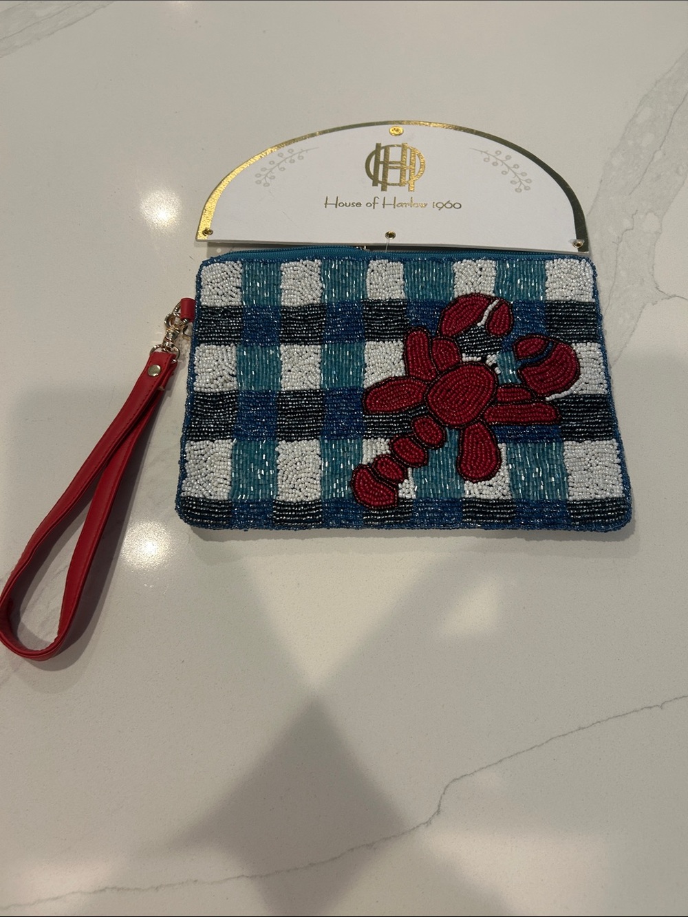 House of Harlow 1960 Blue White Beaded Wristlet with Red Lobster Appliqué